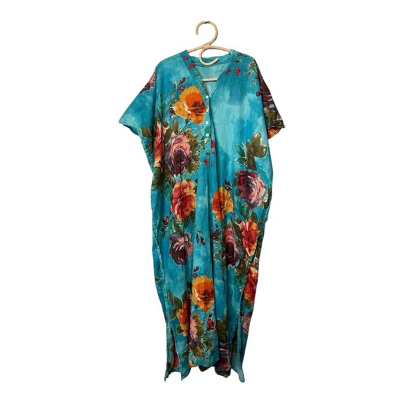 Aqua Bold Floral Split Neck Button Womens Kaftan Aloha Tropical Cover Up OSFA - Picture 2 of 11